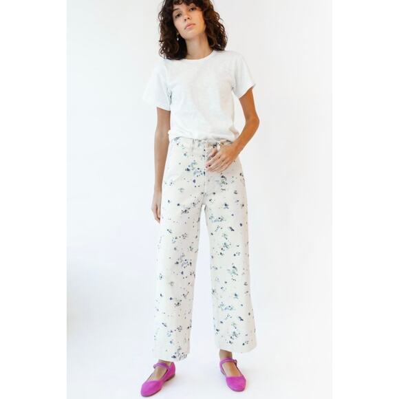 Caron Callahan Denim - Caron Callahan NWT Stewart Khaki Painter Print Sz 0 Straight Wide Leg Jeans Pant